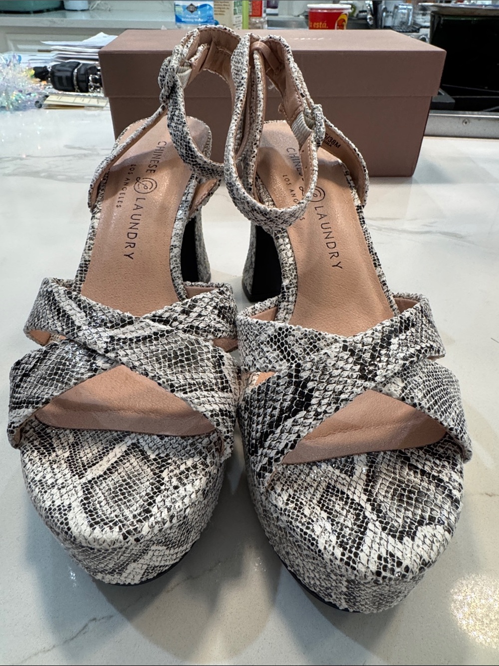 Chinese Laundry Snake-Print Ankle Strap Platform Sandals - Black & White